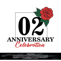 02nd anniversary celebration logo  vector design with red rose  flower with black color font on white background abstract  