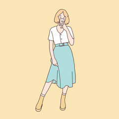 Woman Stylish with smartphone doing pose simple korean style illustration