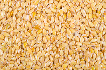 Close up of many golden flax seeds textured as background.