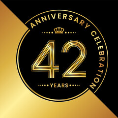 42th Anniversary. logo design with golden numbers and text for birthday celebration event, invitation, wedding, greeting card, banner, poster, flyer, brochure. Logo Vector Template