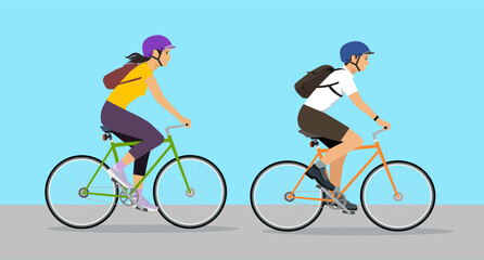 couple tourist man and woman  riding bicycle . vector