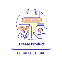 Create product concept icon. Manufacturing goods. Become affiliate merchant abstract idea thin line illustration. Isolated outline drawing. Editable stroke. Arial, Myriad Pro-Bold fonts used