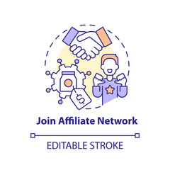 Join affiliate network concept icon. Cooperation with partners. Become merchant abstract idea thin line illustration. Isolated outline drawing. Editable stroke. Arial, Myriad Pro-Bold fonts used