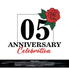 05th anniversary celebration logo  vector design with red rose  flower with black color font on white background abstract  