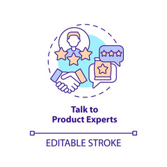Talk to product experts concept icon. Get recommendation. Begin affiliate program abstract idea thin line illustration. Isolated outline drawing. Editable stroke. Arial, Myriad Pro-Bold fonts used