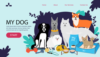 large dogs border set, front view spitz, french mastiff, labrador banner for landing page with goods for dogs,