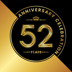 52th Anniversary. logo design with golden numbers and text for birthday celebration event, invitation, wedding, greeting card, banner, poster, flyer, brochure. Logo Vector Template