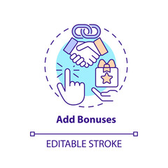 Add bonuses concept icon. Incentives for customers. Begin affiliate program abstract idea thin line illustration. Isolated outline drawing. Editable stroke. Arial, Myriad Pro-Bold fonts used