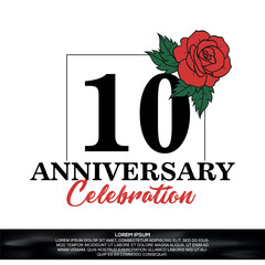 10th anniversary celebration logo  vector design with red rose  flower with black color font on white background abstract  