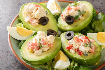 Chilean appetizer of ripe avocados stuffed with chicken salad on a bed of leafy greens close-up on...