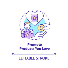 Promote products you love concept icon. Making money. Affiliate marketer benefit abstract idea thin line illustration. Isolated outline drawing. Editable stroke. Arial, Myriad Pro-Bold fonts used