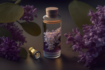 Obraz na płótnie Canvas Unique and aromatic lilac fragrance in vial. Blooming lilac scent photography made with Generative AI