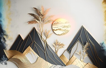 3d modern art mural wallpaper with Drawing modern Landscape. leaves tree, golden lines, golden sun and mountain, colorful marble background, Suitable for use as a frame on wall