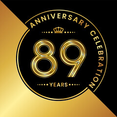 89th Anniversary. logo design with golden numbers and text for birthday celebration event, invitation, wedding, greeting card, banner, poster, flyer, brochure. Logo Vector Template