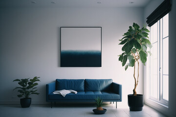 A Minimalist Living Room with a Blue Sofa and a Potted Plant