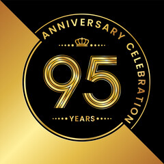 95th Anniversary. logo design with golden numbers and text for birthday celebration event, invitation, wedding, greeting card, banner, poster, flyer, brochure. Logo Vector Template