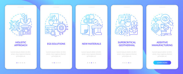 Geothermal energy trends blue gradient onboarding mobile app screen. Walkthrough 5 steps graphic instructions with linear concepts. UI, UX, GUI template. Myriad Pro-Bold, Regular fonts used