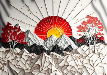 3d modern art mural wallpaper with Drawing modern Landscape art. leaves tree, white gray lines, deep red sun and mountain, colorful marble background