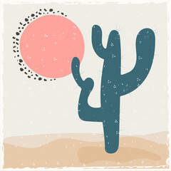 Flat abstract icon, sticker, button with desert, mountains, sun, cactuses on soft colors in retro style with scratches