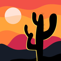 Flat abstract icon, sticker, button with desert, sun, cactuse