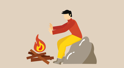 Person put on fire his hands for having heat from fire to warm up his body and warm surroundings. Man and sitting by bonfire putting logs and getting warmth. Camping and traveling, tourist man bonfire