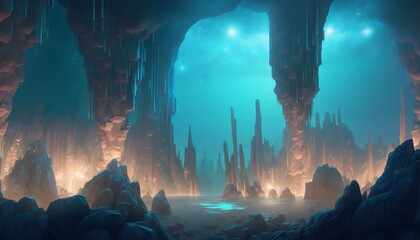 fantasy blue cave landscape with stalagmites  and stone formations created with generative ai