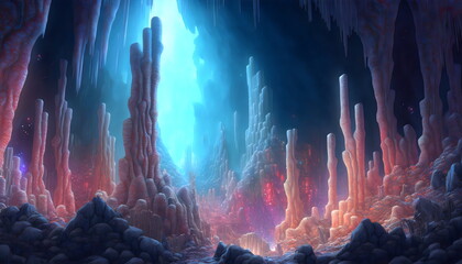 fantasy cave landscape with stalagmites and stone formations created with generative ai