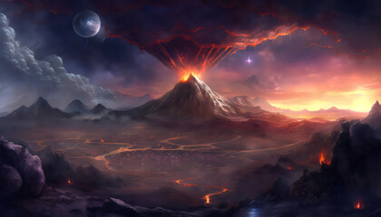 Fototapeta premium fantasy landscape with active volcano created with generative ai