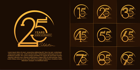 set of anniversary logotype gold color with golden swoosh for special celebration event
