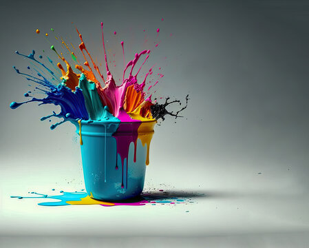 Generative AI, blue paint bucket filled with multi colored paint which is splashing against a grey background