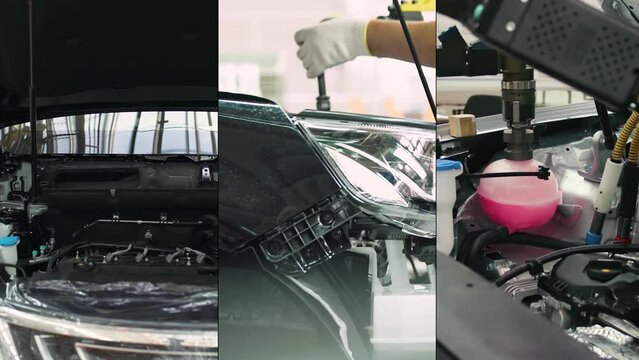 Collage video, automobile plant, work on the engine installation, view of power units and engine for a new car, split screen, assembly line of cars.