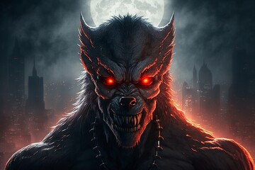 Terrifying werewolf and vampire hybrid with raging red eyes - obrazy, fototapety, plakaty