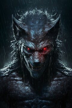 Scary werewolf with glowing red eyes