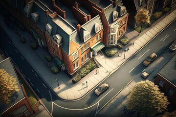 Aerial view of a street with buldings, cars and trees
