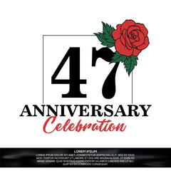 47th anniversary celebration logo  vector design with red rose  flower with black color font on white background abstract  