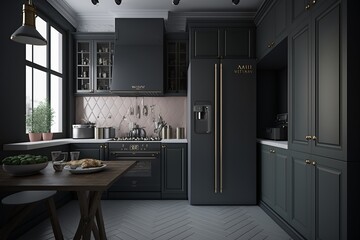 Modern minimalistic kitchen interior with natural wood dinig table,  grey kitchen cabinet and grey fridge