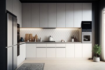 Clean looking modern minimalistic kitchen interior with kitchen cabinet and fridge