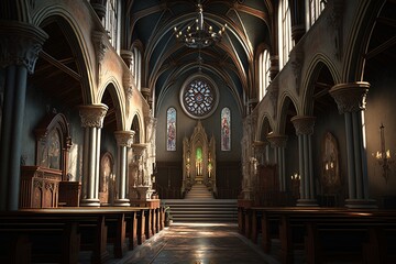 Fototapeta premium Gothic church interior with rosace and pew