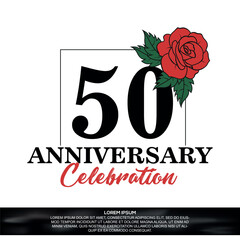 50th anniversary celebration logo  vector design with red rose  flower with black color font on white background abstract  