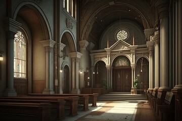 Fototapeta premium Gothic church interior with rosace and pew