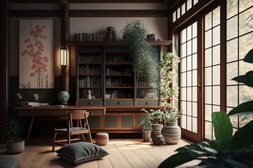 Japandi interior style study room with plants, bonsai tree, wooden desk and a shelf with books