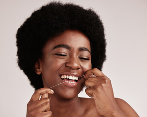 Black woman, skincare or dental floss for teeth grooming, healthcare wellness hygiene or gum disease prevention. Smile, happy or flossing beauty model with afro hair, mouth cleaning or tooth product