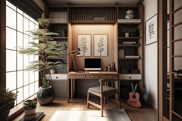 Japandi interior style study room with plants, bonsai tree, wooden desk and a computer on it