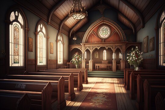 Gothic church interior with rosace and pew