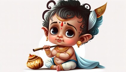 illustration of happy Janmashtami. cute baby krishna animated cartoon,Lord Krishna, Generative AI	
