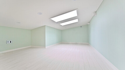 An attic room with mint color wallpaper for a fresh feeling
