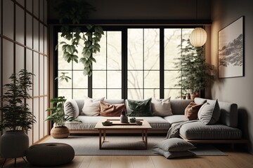 Bright japandi interior style living room with coffee table, sofa,pillows and bonsai tree