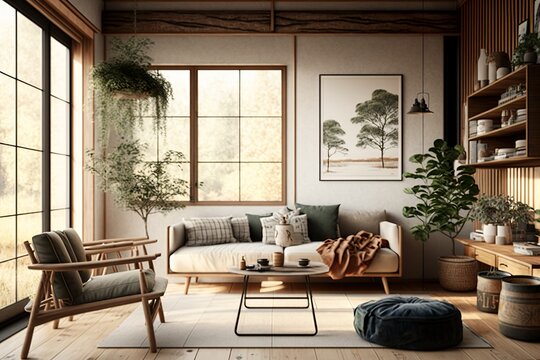 Bright japandi interior style living room with coffee table, sofa,pillows and bonsai tree