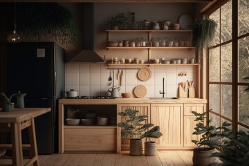 Japandi interior style kitchen with wooden cabinet