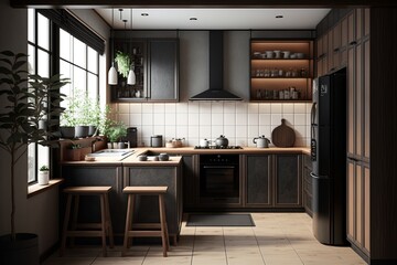 Japandi interior style kitchen with wooden cabinet